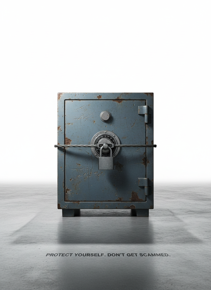 A securely locked steel safe, visibly aged with scratches and faded paint, stands alone in the center of a smooth concrete floor. The background is a pure, minimalist white that heightens the safe’s prominence. High-contrast, directional lighting from above casts dramatic, razor-sharp shadows beneath and behind the safe, emphasizing its solidity and secrecy. The atmosphere is tense and bold, suggesting hidden information or valuables under threat. Captured from an eye-level perspective with crisp focus and a clean, photographic style, this image underscores the seriousness of protecting oneself from scams.