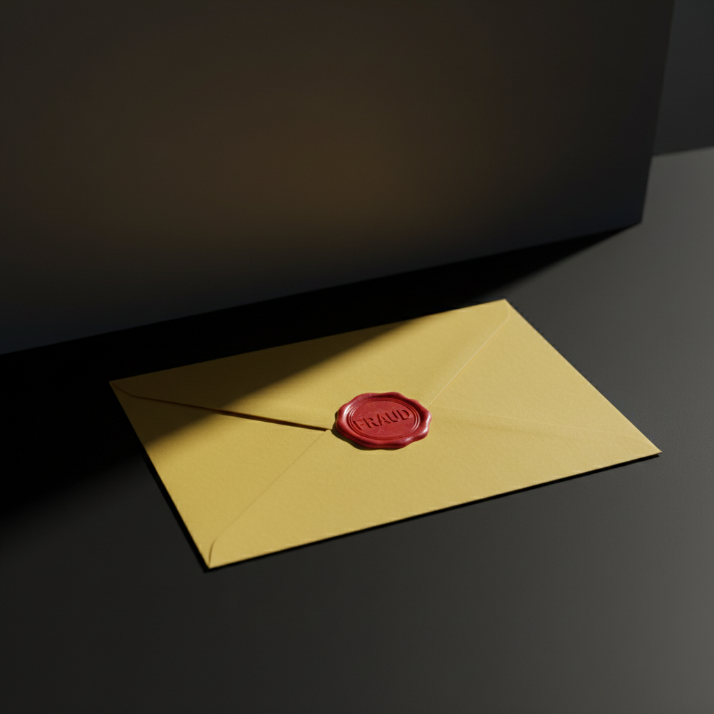 A crisp, unopened yellow envelope marked with a bold red stamp reading 'FRAUD', lying diagonally on a dark, perfectly smooth desk surface. The background is intentionally minimalist—a pure black gradient fading to soft gray along the edges, maximizing the envelope’s striking color. A powerful directional spotlight from the left produces harsh, elongated shadows and spotlights the glossy red stamp. The mood is bold and investigative, hinting at breaking scandalous news. Framed using the rule of thirds and shot from a slightly elevated angle, this photographic image projects urgency and the boldness of uncovering scams.